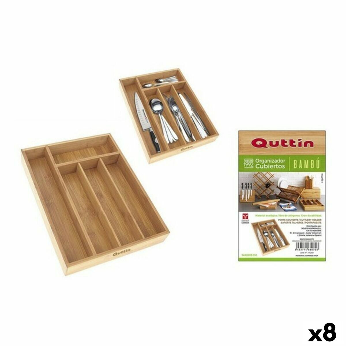 Ruokailuvälinejärjestelijä Quttin Bambu 34 x 26 x 4 cm (8 osaa)