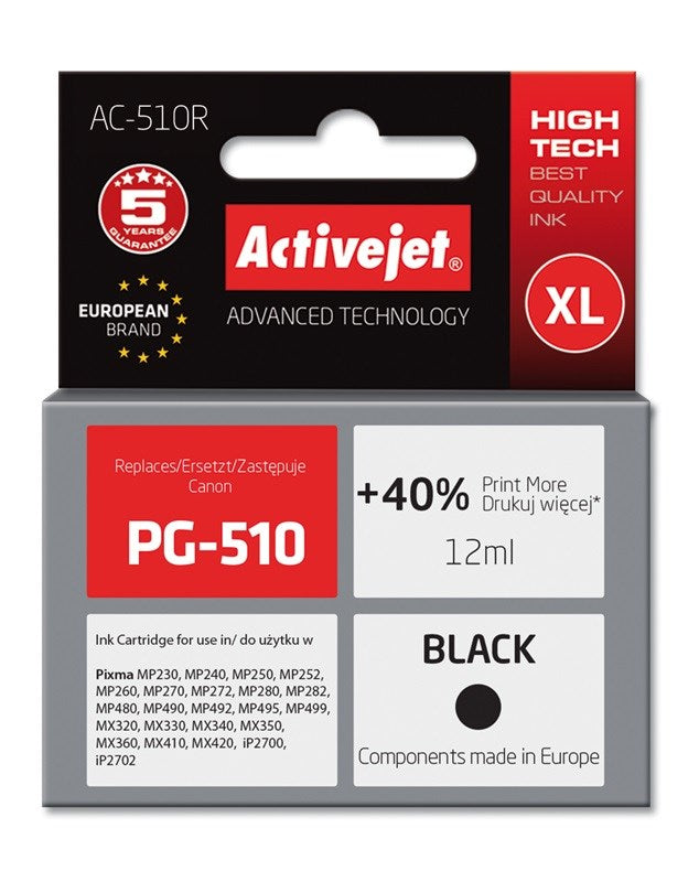 Activejet AC-510R muste Canon-tulostimelle; Canon PG-510 vaihto; Premium; 12 ml; musta - KorhoneCom