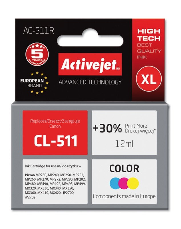 Activejet AC-511R muste Canon-tulostimelle; Canon CL-511 vaihto; Premium; 12 ml; väri - KorhoneCom