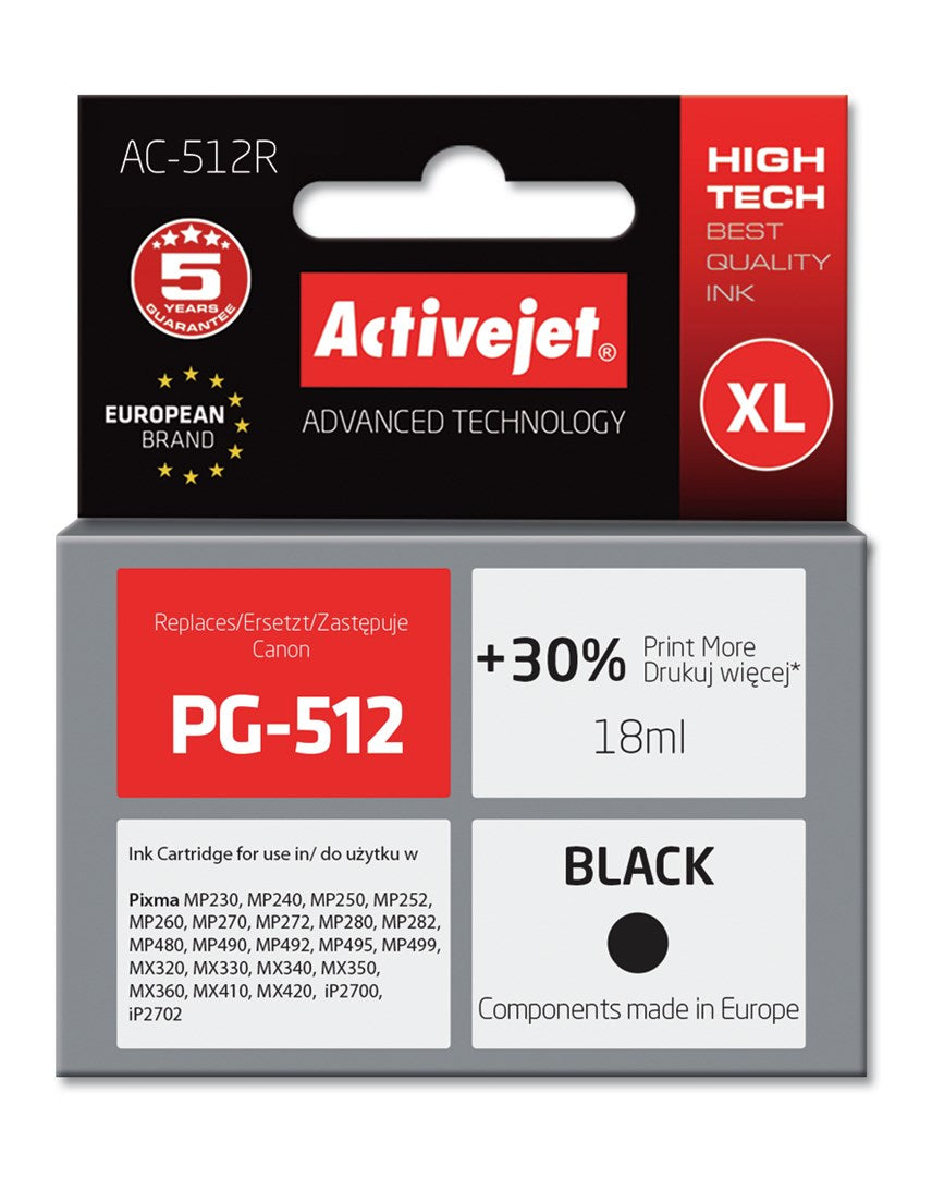 Activejet AC-512R muste Canon-tulostimelle; Canon PG-512 vaihto; Premium; 18 ml; musta - KorhoneCom