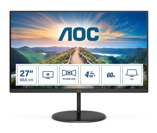 AOC V4 U27V4EA -tietokonenäyttö 68,6 cm (27 ) 3840 x 2160 pikseliä 4K Ultra HD LED Musta