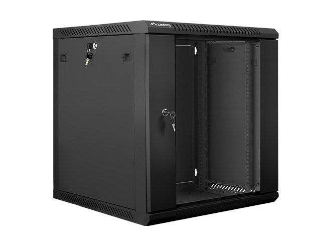 Lanberg wall-mounted installation rack cabinet 19'' 12U 600x600mm black (glass door) - KorhoneCom