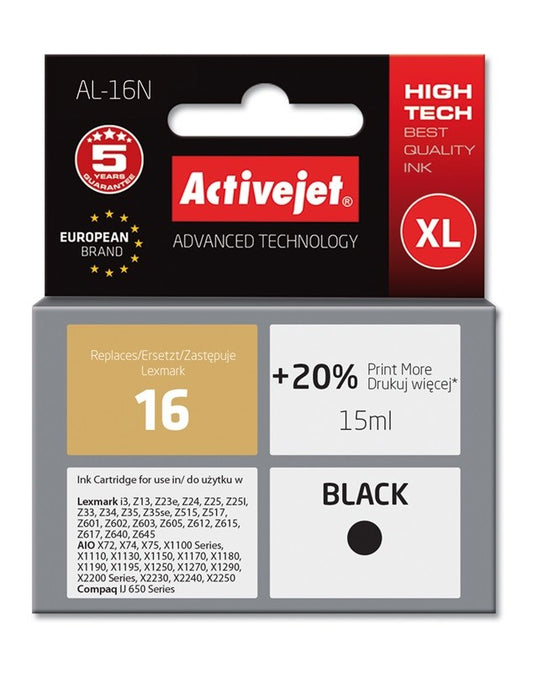 Activejet AL-16N muste Lexmark-tulostimeen, Lexmark 16 10N0016 korvaava, Supreme, 15 ml, musta - KorhoneCom