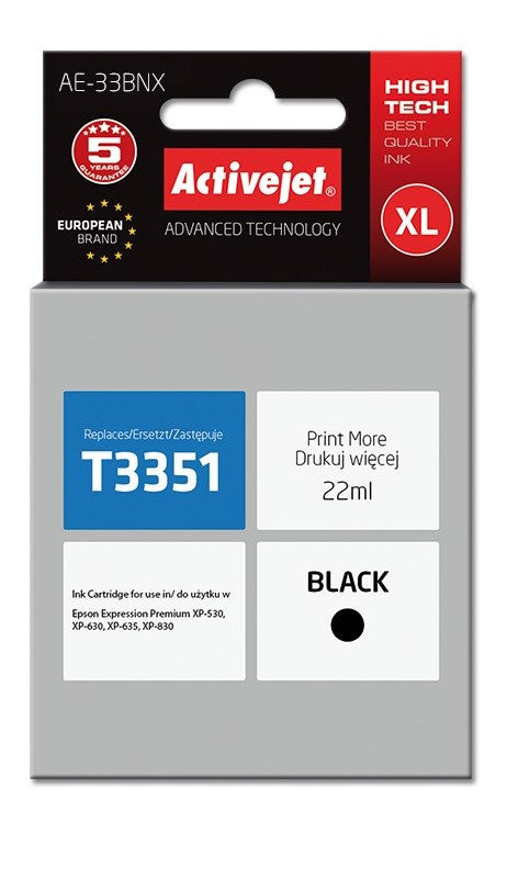 Activejet AE-33BNX ink for Epson printer  Epson 33XL T3351 replacement, Supreme, 22 ml, black - KorhoneCom