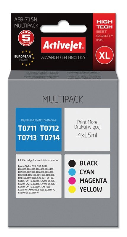Activejet AEB-715N ink for Epson printer  Epson T0715 replacement, Supreme, 4 x 15 ml, black  magenta  cyan  yellow - KorhoneCom