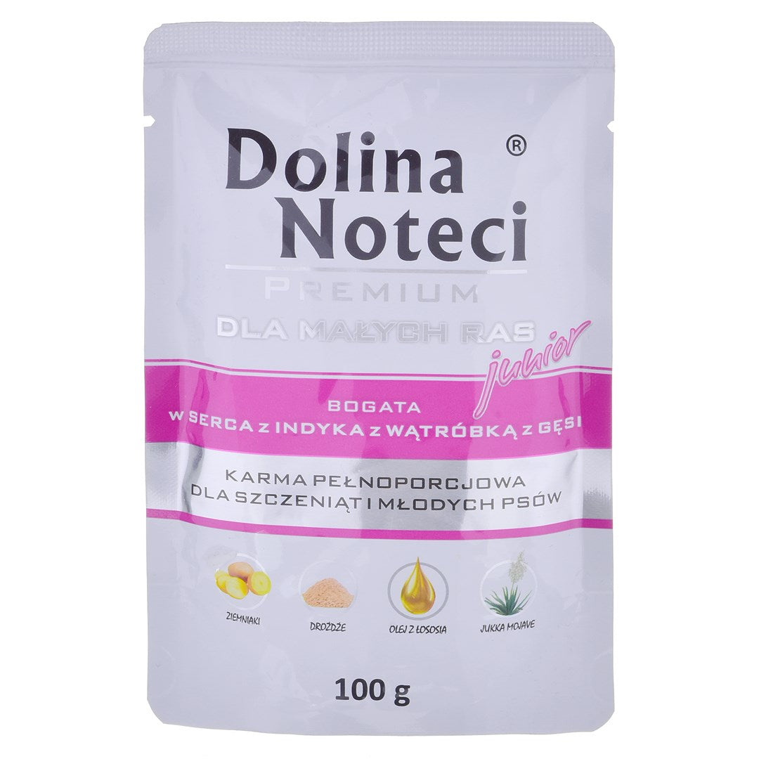 DOLINA NOTECI Premium Junior runsaasti kalkkunan sydämiä hanhenmaksalla - märkä penturuoka - 100 g - KorhoneCom