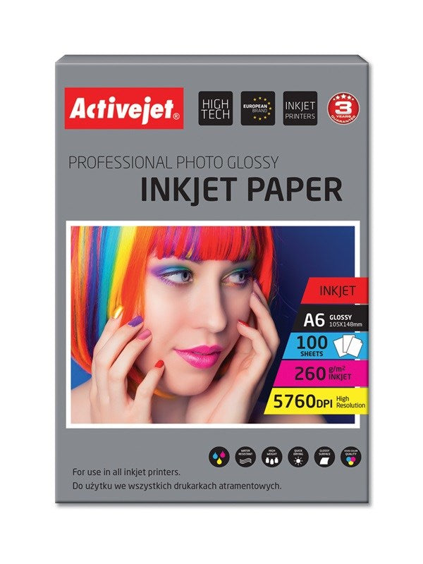 Activejet AP6-260GR100 valokuvapaperi mustekirjoittimille, A6, 100 kpl