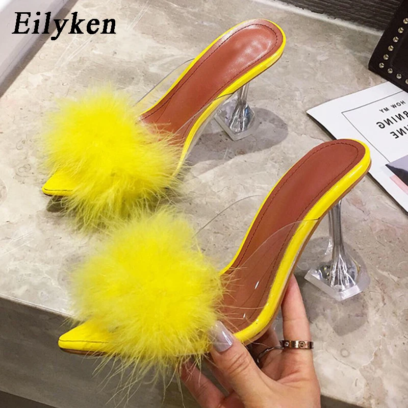 Eilyken 2020 New PVC shoes Woman Feather Transparent High heels Fur Pumps Slippers Women Peep toe Mules Lady Pumps Slides White