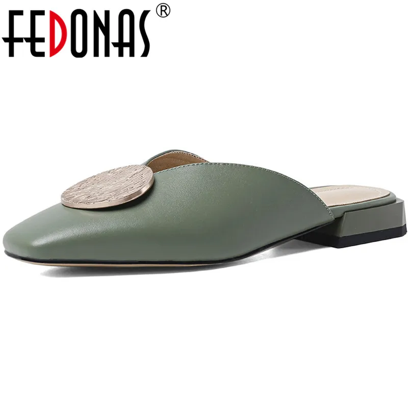 FEDONAS Metal Decoration Vintage Women Mules Genuine Leather Low Hels Sandals For Women Brand Office Lady Basic Shoes Woman
