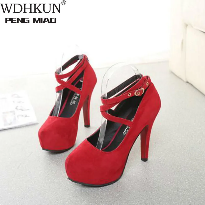 Hot Shoes Woman Pumps Cross-tied Ankle Strap Wedding Party Shoes Platform Dress Women Shoes High Heels Suede Ladies Shoes Big 42